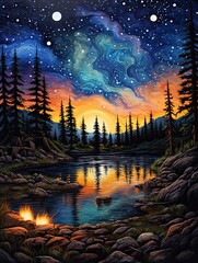 Starry Night Campsites: Canvas Print Landscape with Modern Landscape and Campfire Glow