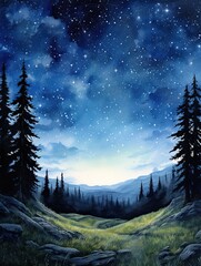 Fototapeta na wymiar Starry Night Campsites: Enchanting Panoramic Landscape Print with Wide Sky Views