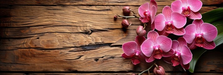 Beautiful Phalaenopsis Orchid Flowers On Wooden, Banner Image For Website, Background, Desktop Wallpaper - obrazy, fototapety, plakaty