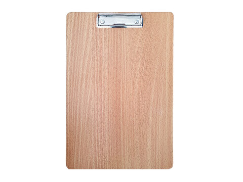Empty brown clipboard isolated on white background with clipping path. Wooden writing pad or drawing board with metal clip. Top View.