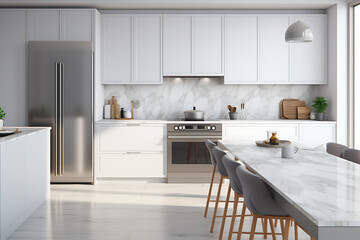 Corner of modern kitchen with white marble walls, concrete floor, gray countertops and white cupboards. 3d rendering