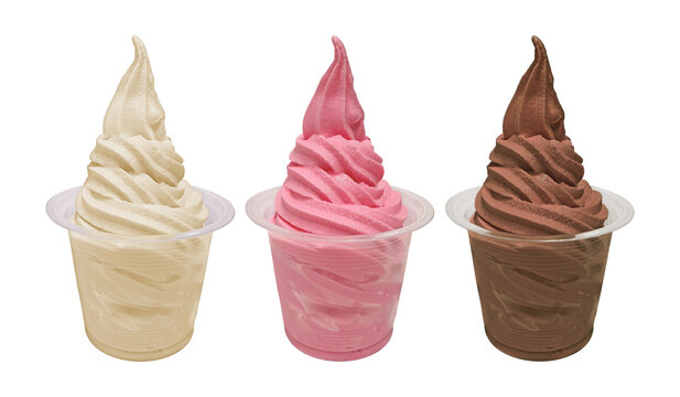 Collection of soft serve ice cream swirl in plastic cups on white background. Frozen yogurt with vanilla, strawberry, chocolate flavor. Mock up template no label for sundae ice cream dessert menu.