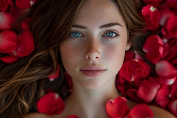 Obraz na płótnie Canvas Portrait of a young and beautiful woman with perfectly smooth skin surrounded by rose petals. Banner for body care, spa salon, bio eco cosmetics concept. Model beauty shot.