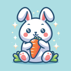 cute rabbit bite carrot pose cartoon flat illustration