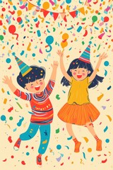 A festive illustration of two kids celebrating a birthday.