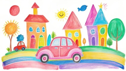 Naklejka premium Childlike Drawing of Cars, House, Tree, Sun Illustration, Colorful Chalk Isolated on White Background