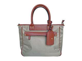 Beautiful vintage olive brown tote polyamide canvas bag with taupe leather trimming and straps. Women handbag isolated on white background with clipping path.