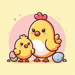cute mom chicken and chick cartoon flat illustration