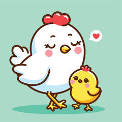 cute mom chicken and chick cartoon flat illustration