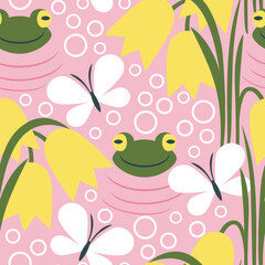 Vector seamless pattern with funny little frogs in the pond - 716430355