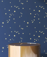 Shiny gold podium with dark blue wall background and stars for cute, luxury beauty, cosmetic,...