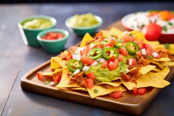 close-up of nachos topped with guacamole and salsa