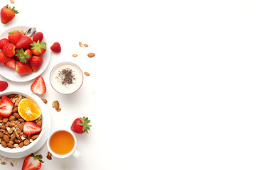 Healthy breakfast with muesli, strawberries and orange juice on white background
