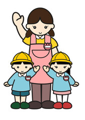 手をふる幼稚園児と先生