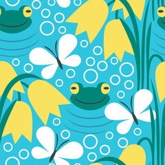 Fototapeta na wymiar Vector seamless pattern with funny little frogs in the pond