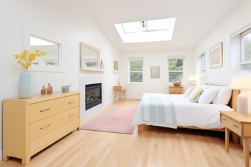 bright bedroom in saltbox house with skylights