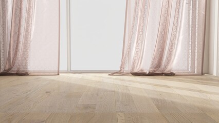 Low angle, close up of parquet floor of empty room with blowing pink curtain with retro circle...