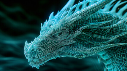 Dragon in Hologram Wireframe Style. Chinese Dragon New Year 2024. Polygonal design of lines and dots. Blue background.	