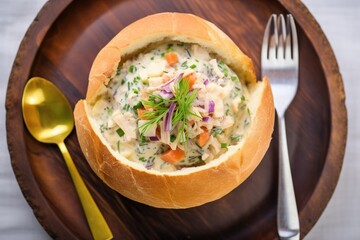 top view of chowder in a bread bowl with spoon - obrazy, fototapety, plakaty