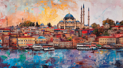 Obraz premium oil painting. alloy painting with meticulous details, many details, with intense colors of the typical postcard from Istanbul