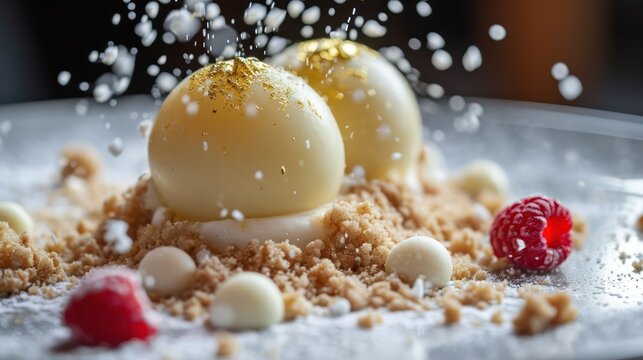 a close-up of a deconstructed dessert, spheres of passion fruit gelee resting on a bed of white chocolate crumble, dusted with edible gold flakes