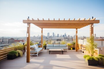 rooftop terrace with asymmetrical pergola and panoramic city view - obrazy, fototapety, plakaty