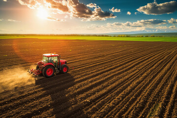 Obraz premium Panorama of a field with a tractor plowing the land on a farm, view of the fields and sunset taken by a drone, concept - Earth Hour and concern for the future harvest, seasonal work on the farm