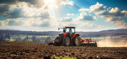 A tractor works in the field and plows the land, preparing the field for sowing, the concept - Earth Hour and caring for the future harvest, seasonal work on the farm - obrazy, fototapety, plakaty