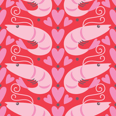 Vector seamless pattern with funny shrimps on a pink background - obrazy, fototapety, plakaty