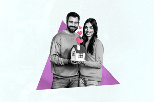 Horizontal creative photo collage of happy couple lovers hold miniature house finally buy real estate isolated on pale blue background