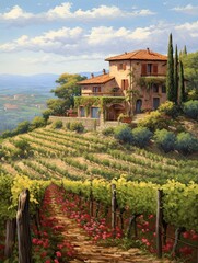Fototapeta na wymiar Timeless Tuscan Vineyards: Captivating Farmhouse Art, Serene Vineyard Estates, and Enchanting Cottage Scenery