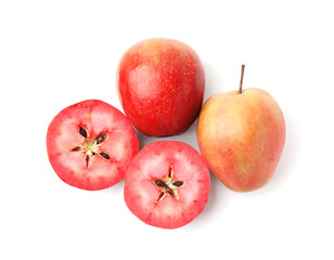 Tasty apples with red pulp isolated on white, top view