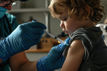 Healthcare professional administering a vaccine to a child or an adult in a safe and reassuring manner.