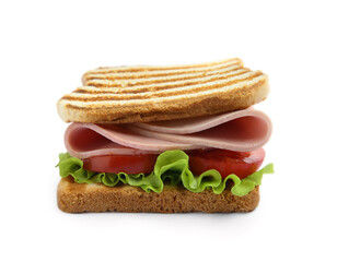 Tasty sandwich with boiled sausage, tomato and lettuce isolated on white