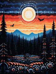 Obraz premium Traditional Native Tribal Art: Moonlit Landscape with Night Tribal Symbols and Indigenous Moon Art