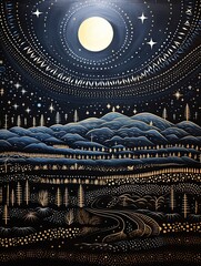Obraz premium Moonlit Indigenous Tribal Landscape: Traditional Native Art with Night Tribal Symbols