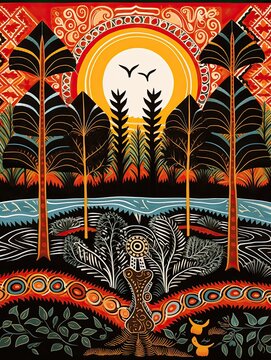 Traditional Native Tribal Art Landscape Poster: Tribal Symbols Wall Decor © Michael