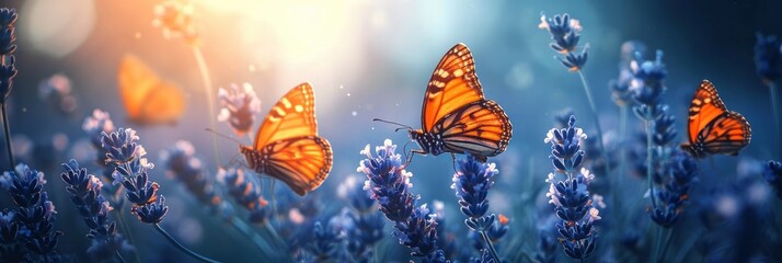 Fototapeta na wymiar Butterflies On Spring Lavender Flowers Under, Banner Image For Website, Background, Desktop Wallpaper