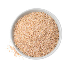 Dry wheat groats in bowl isolated on white, top view