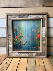 Tranquil Koi Pond Reflections - Framed Landscape Print with Wooden Frame, Rustic Wall Decor
