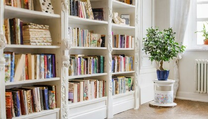 White wooden bookcase filled with books in a house