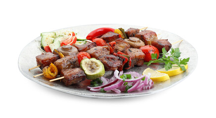 Plate of delicious shish kebabs with vegetables isolated on white