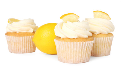 Delicious cupcakes with cream and lemon isolated on white