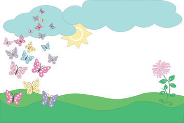 Illustration of a spring background with butterflies, clouds, grass and the sun with copy space