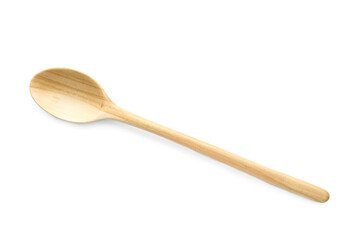 One empty wooden spoon isolated on white, top view