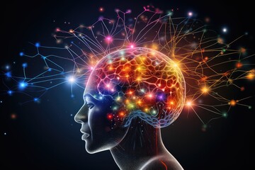 Brain, tapestry of polychromatic neurons, artistic conceptual visual mapping. Luminous thought sparkle, creating opalescent brilliance of whimsical creativity. Ingenious ideas, vibrant mind Carnival 