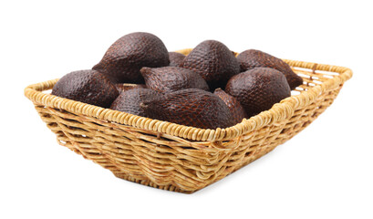 Delicious salak fruits in wicker basket isolated on white