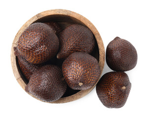 Delicious salak fruits in bowl isolated on white, top view