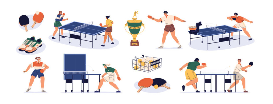 Ping-pong set. Playing table tennis, indoor sport game. Pingpong players, athletes training with opponent, machine. Ball, rackets for tabletennis. Flat vector illustration isolated on white background
