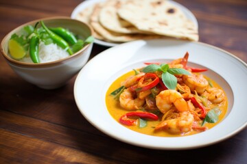 prawn curry with bell peppers served with naan bread